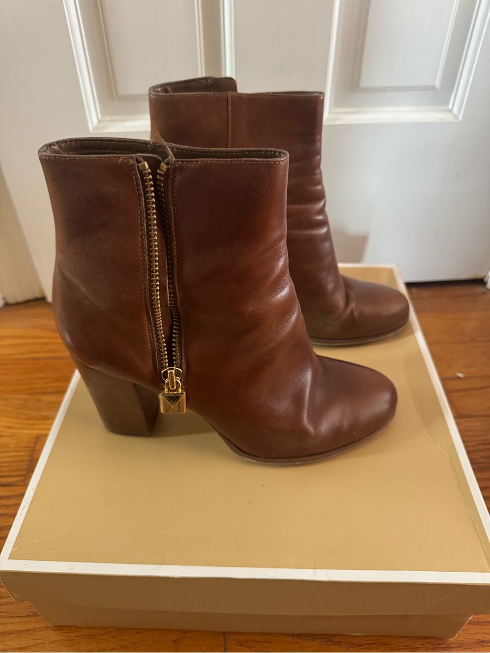 Michael Kors Chestnut Leather Ankle Booties with Side Zip